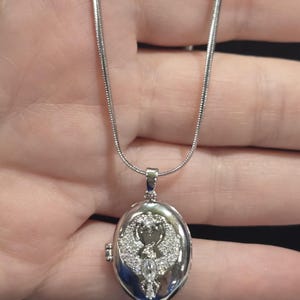 May include: A silver-toned oval locket pendant hanging from a matching snake chain. The locket features a polished metallic surface with a central decorative inlay encrusted with numerous small clear stones and a single larger marquise-cut stone.