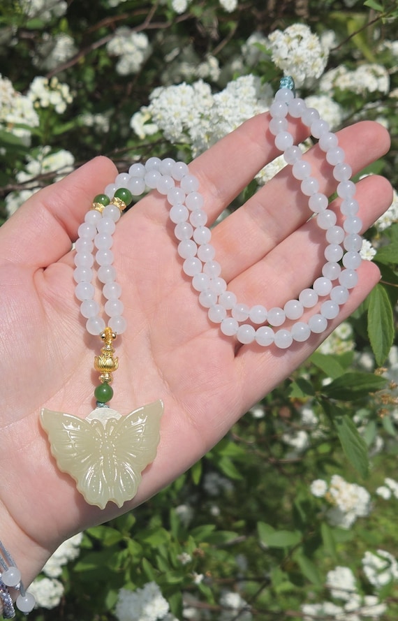 Beaded Necklace Green Jade Butterfly Necklace Jade Butterfly