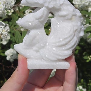 Gorgeous White Jade Nine Tail Fox on Moon Crystal