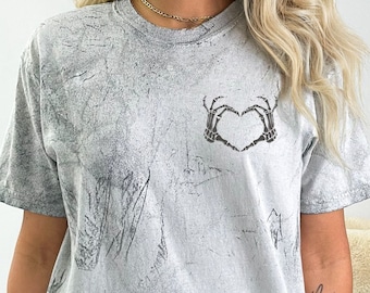 Skull Heart Hands Shirt, Comfort Colors Skeleton Hands Heart Tie Dye Tee, Skeleton Lovers Shirt, Valentines Day Skeleton Heart Pocket Tee