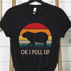 May include: Black t-shirt with a vintage-style sunset graphic featuring a capybara silhouette. The text "OK I PULL UP" is printed below the graphic.