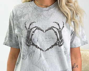 Skull Heart Hands Shirt, Comfort Colors Skeleton Hands Heart Tie Dye Tee, Halloween Skeleton Lovers Shirt, Valentines Day Skeleton Heart Tee