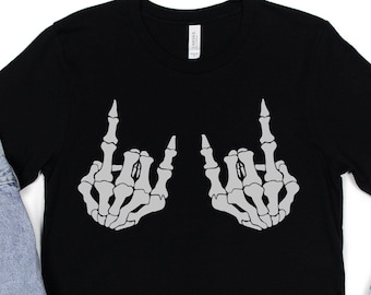 Rock and Roll Skeleton Hands T-Shirt, Rock N Roll Halloween Skeleton Tee, Rock On Devil Horns Shirt, Skeleton Bones Rock & Roll Concert Tee