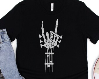 Rock and Roll Skeleton Hand Guitar Neck T-Shirt, Rock N Roll Halloween Tee, Rock On Devil Horn Shirt, Skeleton Bones Rock & Roll Concert Tee