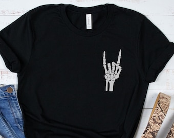 Rock and Roll Skeleton Hands Pocket T-Shirt, Rock N Roll Halloween Skeleton Tee, Rock On Devil Horn Tee, Skeleton Bones Rock & Roll Concert