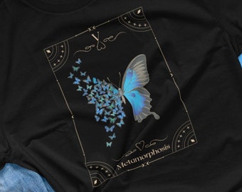 Metamorphosis Blue Butterfly Tarot Card t-shirt, Transformation Tattoo Art Inspirational Boho Unisex Women's Men's Jersey Short Sleeve Tee