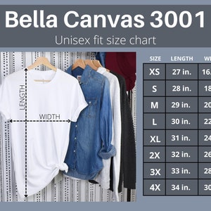 May include: Bella Canvas 3001 unisex t-shirt size chart with measurements in inches. The chart shows the length and width of the shirt in different sizes, from XS to 4X.