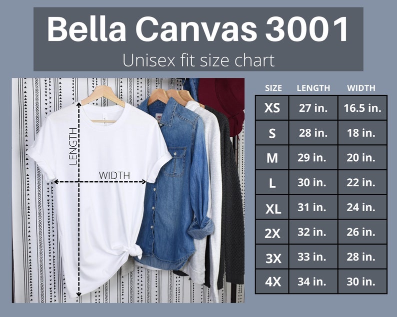 May include: Bella Canvas 3001 unisex t-shirt size chart with measurements in inches. The chart shows the length and width of the shirt in different sizes, from XS to 4X.