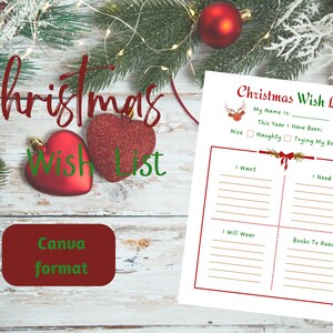 Lista de deseos de Navidad / Navidad imprimible para niños / Lista de Papá Noel / Lista de regalos / Plantilla Canva / Plantilla imprimible / Santa Clous / DFY
