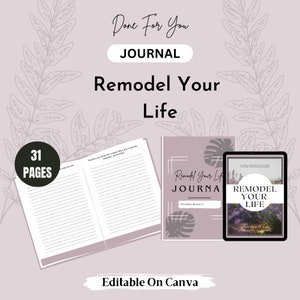 May include: A printable journal cover with a pink background and a tropical leaf design. The text "Remodel Your Life" is in a black sans-serif font. The journal is 31 pages long and is editable on Canva.