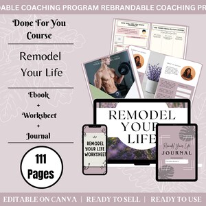May include: A digital product mockup for a coaching program called "Remodel Your Life". The program includes an ebook, worksheet, and journal. The mockup shows a laptop, phone, and tablet with the program's branding and content. The text "111 Pages" is also included in the mockup.