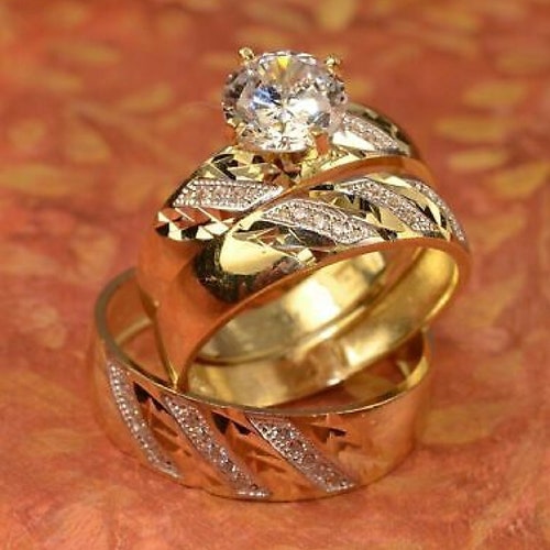 Diamond Wedding 14k Yellow Gold Fn Trio His/hers Bridal Band - Etsy
