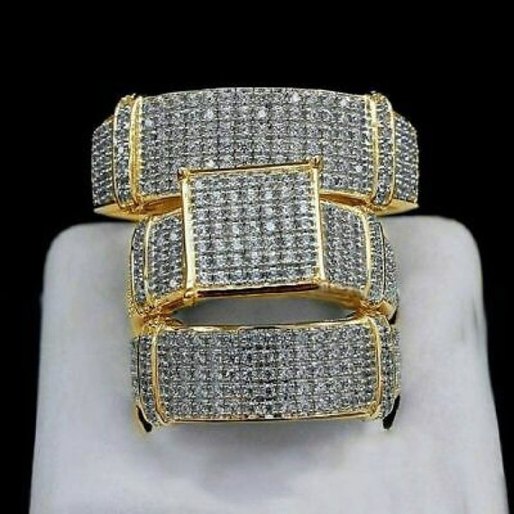 Diamond Trio His Her Bridal Wedding Band Engagement Ring Set 14k Yellow Gold Fn