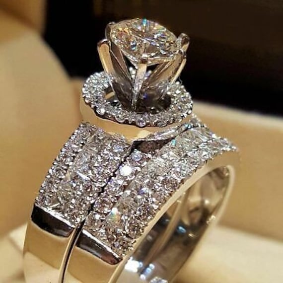 Ladies Engagement Wedding Bridal Ring Set Round Diamond 14K White Gold Finish 