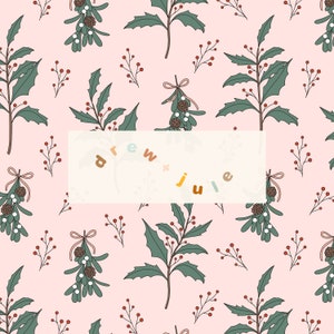 May include: A pink background with a repeating pattern of green holly leaves, red berries, and white mistletoe with brown berries. The text "drew + julie" is in the center of the image.