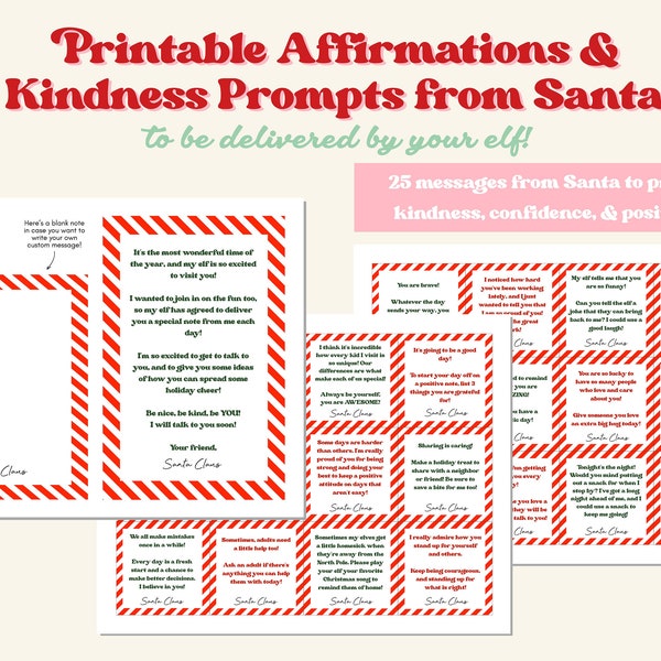 Printable Elf Affirmations & Kindness Prompts from Santa - 25 pack / Christmas Holiday Parent DIY / Digital Download / Cute Retro Positivity