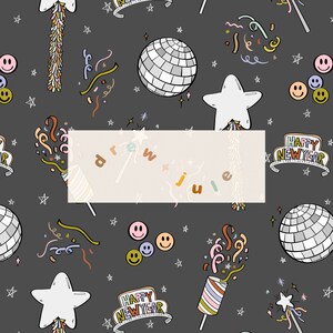 以下が含まれることがあります： キラキラと光る星や、カラフルな紙吹雪、そして笑顔の顔文字が散りばめられた、お祝いの雰囲気いっぱいのシームレスパターン。ディスコボールやパーティーハットなど、新年を祝うモチーフが盛りだくさんです。パターンの中に「Happy New Year」の文字もデザインされています。