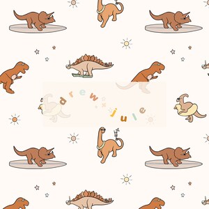 May include: A repeating pattern featuring cartoon dinosaurs in sunglasses, some surfing, others with drinks, and one with a snorkel. The design includes suns and stars on a cream background. The text "drew julie" is in the center.