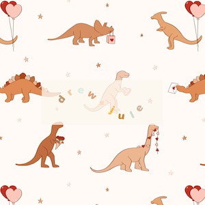 Dino Valentine - Neutral / Nahtloses Muster Digital Download / Retro Boho Groovy Valentinstag Gedämpfter Sahne Dinosaurier / Kommerzielle Lizenz