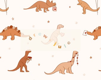 Dino Valentine - Neutral / Seamless Pattern Digital Download / Retro Boho Groovy Valentine&#39;s Day Muted Cream Dinosaur / Commercial License
