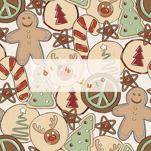 Può includere: Uno schema senza cuciture di diversi biscotti natalizi, tra cui omini di pan di zenzero, bastoncini di zucchero, renne, simboli di pace e alberi di Natale. I biscotti sono decorati con glassa rossa, verde e marrone.