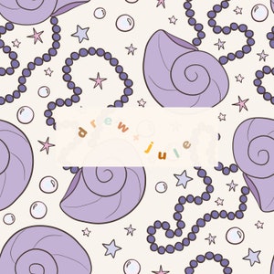May include: A seamless pattern featuring purple seashells, pearl necklaces, and white stars on a light beige background.
