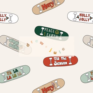 Sezon Skater / Bezszwowy wzór do pobrania cyfrowego / Neutralny Retro Boho Punk Holiday Skateboard Christmas Groovy Boy / Licencja komercyjna