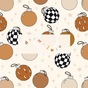 May include: A seamless pattern featuring various Christmas baubles with different designs. The baubles are in shades of brown, white, and black, with patterns like checkered, lightning bolts, and solid colours. The background is a light beige with small white stars.