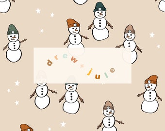Snow Folk Green / Seamless Pattern Digital Download / Neutral Retro Boho Snowman Hat Boy Winter Holiday Christmas Muted / Commercial License