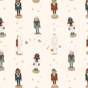 Peut inclure: Un motif sans couture représentant divers casse-noises avec des chapeaux et des tenues différents. Le fond est beige clair avec des étoiles brunes éparpillées.