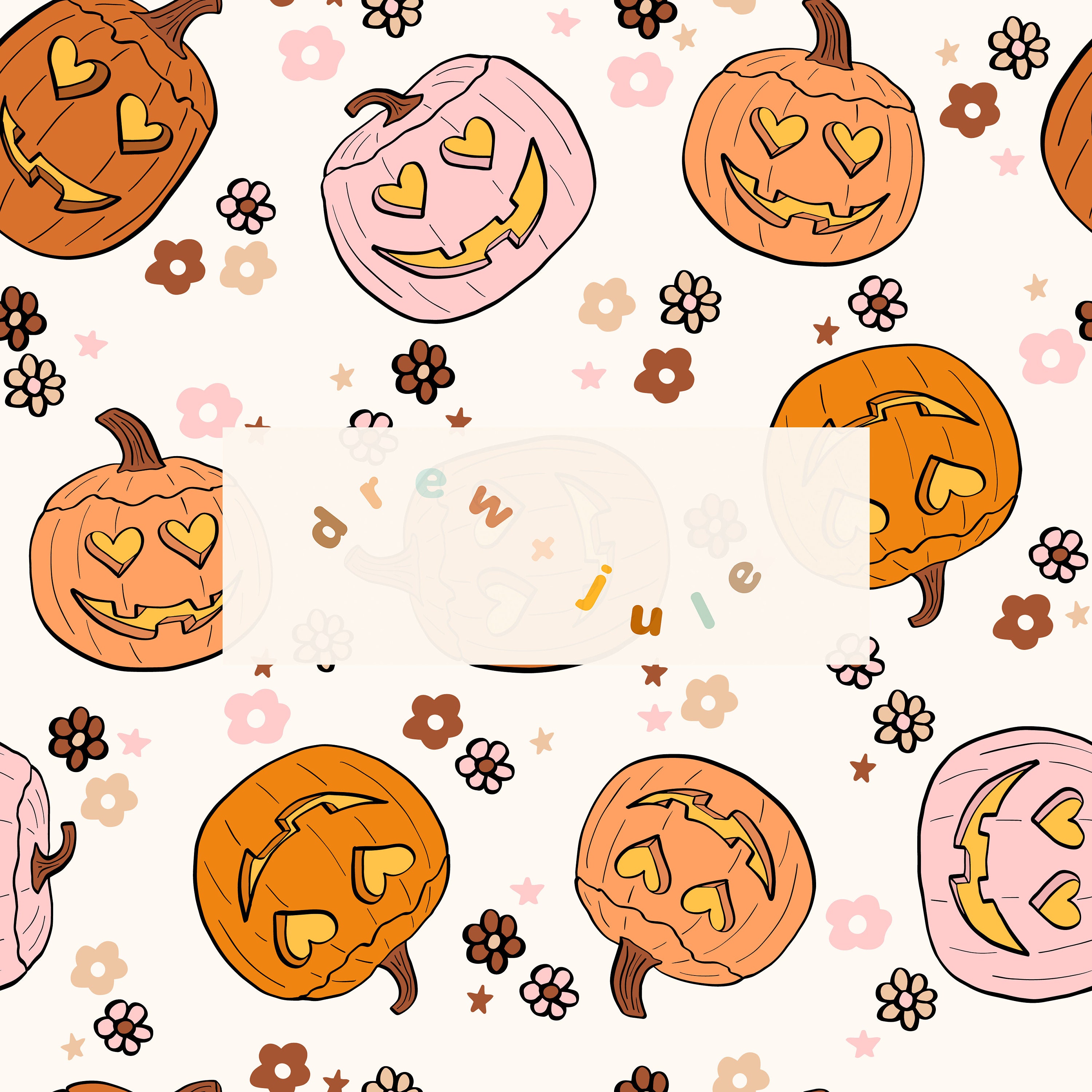 Heart Eyes Pumpkins / Seamless Pattern Digital Download / Boho Retro Groovy Halloween Fall Jack-o-Lantern Neutral Girl / Commercial License
