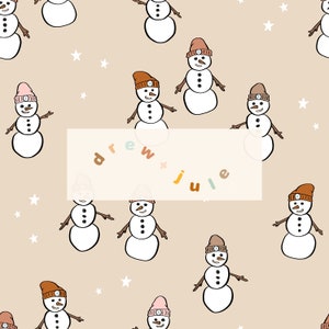 Snow Folk Pink / Seamless Pattern Digital Download / Neutral Retro Boho Snowman Beanie Winter Holiday Christmas Muted / Commercial License