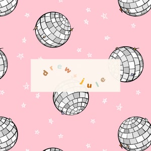 May include: A pink background with a repeating pattern of white stars and silver disco balls. The text "drew + julie" is written in a rainbow font in the center of the image.