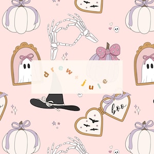 May include: A seamless pattern featuring a variety of Halloween-themed illustrations, including ghosts, pumpkins, witch hats, and hearts with bats. The background is a light pink color, and the illustrations are in various shades of pink, purple, and white.