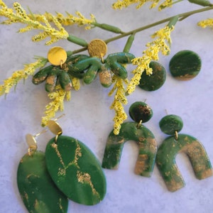 Olive earrings emerald Statement earrings Minimalist Organic form Polymer clay resin jewelry