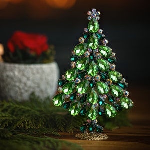 Delightful Christmas tree, handcrafted with Clear, Emerald and Peridot Czech rhinestone crystal ornament balls and decorations.