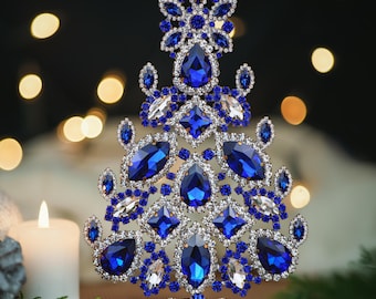 Czech Rhinestone Crystal Christmas Tree, Sapphire & Clear, Glass Tabletop