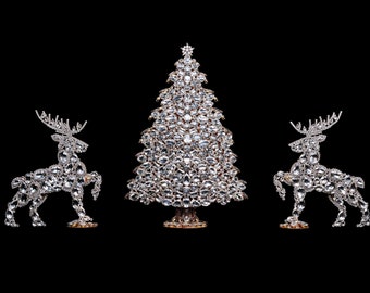 3D Snowy Yule Christmas Tree  with Two Reindeers (Clear), Czech handmade set of 3D Christmas Tree and twoo reindeers.