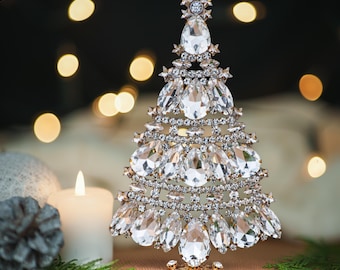 Meticulous handcrafted Czech Tree decorated with Clear coloured rhinestone crystal. Incredible glass table top Christmas tree.