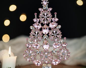 Wonderous Czech Christmas tree, rhinestone tree handcrafted with Clear and LT Rosa rhinestone,  jeweled Christmas tree