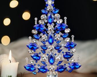Handcrafted Czech Rhinestone Crystal Christmas Tree, Sapphire & Clear