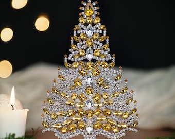 Handmade Rhinestone Christmas Tree: Sparkling Yellow Tabletop Decor