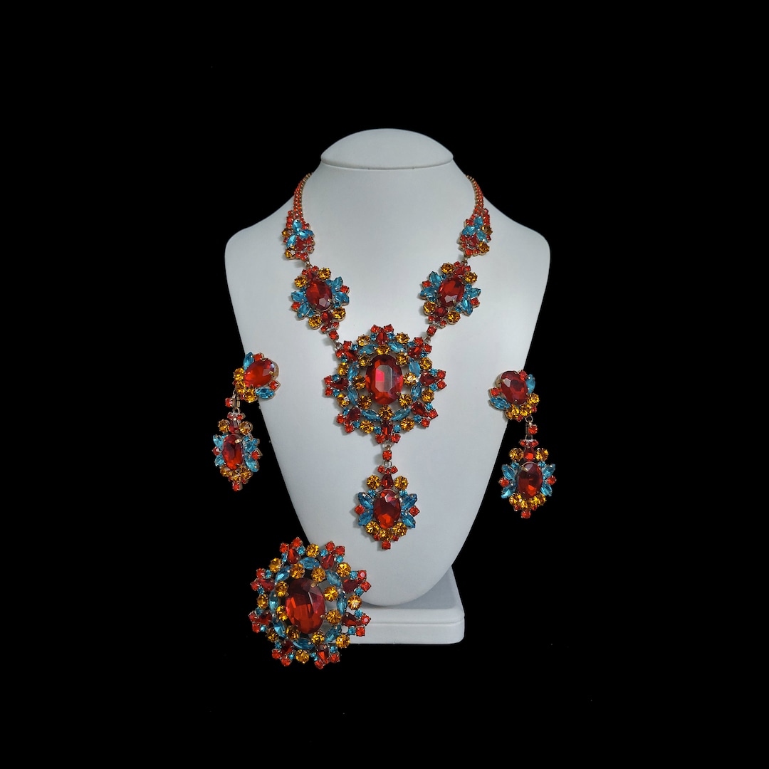 Aztec Sun Orange Jewelry Set: Handmade Crystal Necklace, Earrings ...