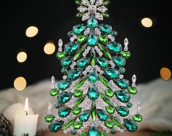 Czech Rhinestone Crystal Christmas Tree, Emerald Sapphire Glass Ornament