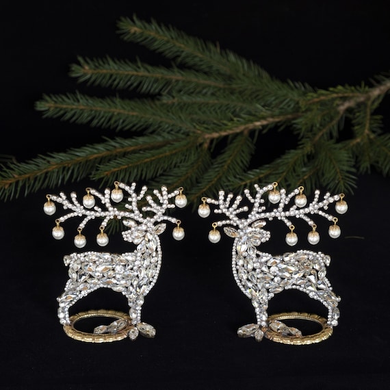 Rhinestone Christmas Reindeer Set, Czech Crystal Pearl Antlers