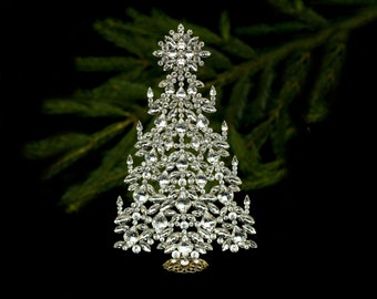 An intricate table top Xmas tree, handcrafted with Clear coloured Czech rhinestone crystals with Christmas decorations.