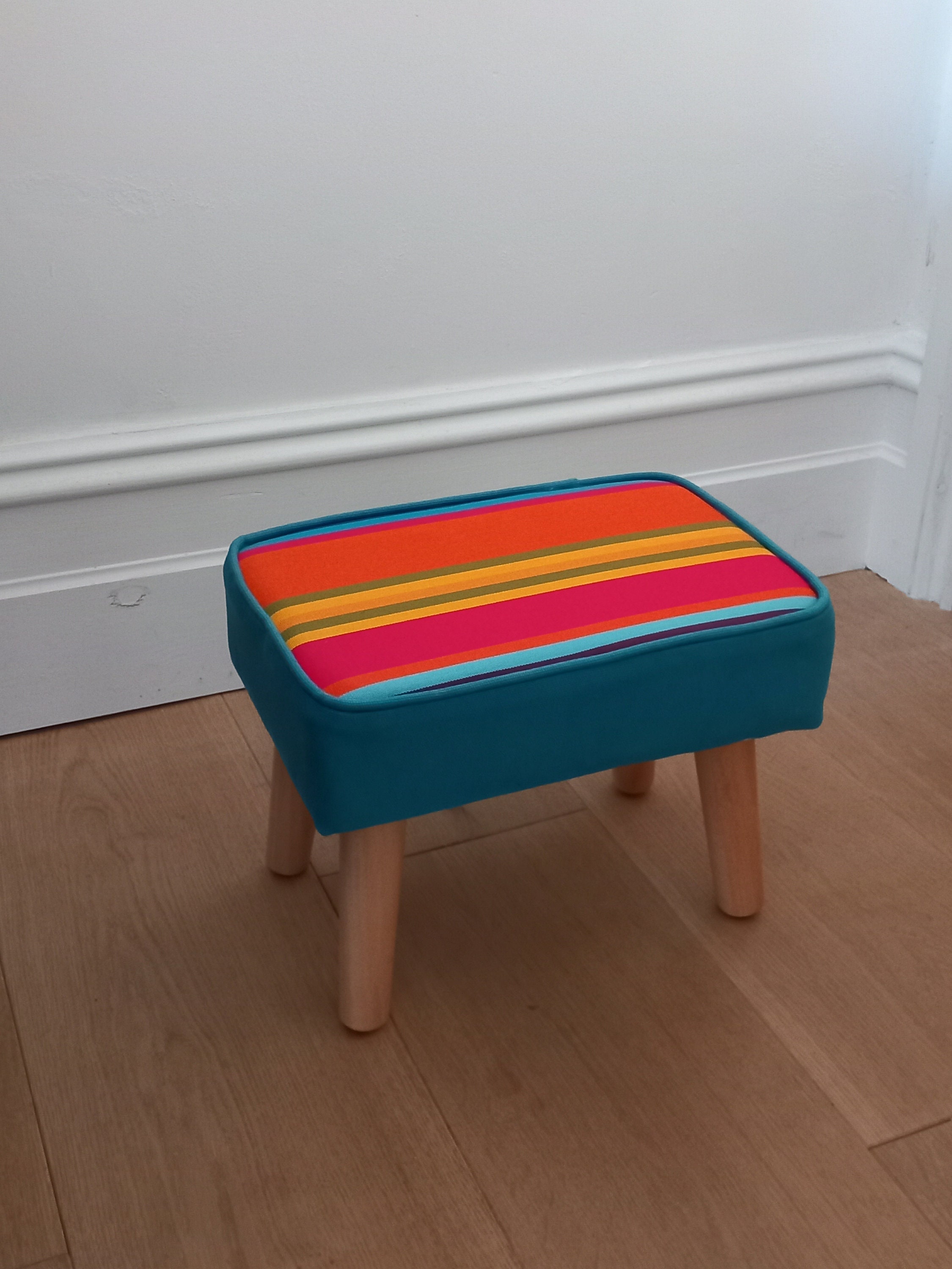 Funky Footstool Multi Coloured Stripe and Teal Fabric - Etsy UK