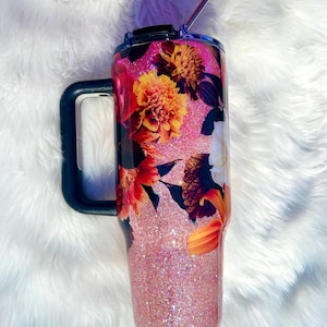 40oz pink floral glitter tumbler