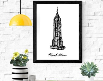 Manhattan NYC Empire State Building Print - Black and White Photo Wall Art - NYC Poster -Printable Art - New York City Poster Digital Print