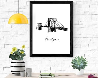 Brooklyn Bridge Sketch Art Print - Minimalisy Brooklyn Wall Art - Digital Print, Gift for Brooklyn Lover
